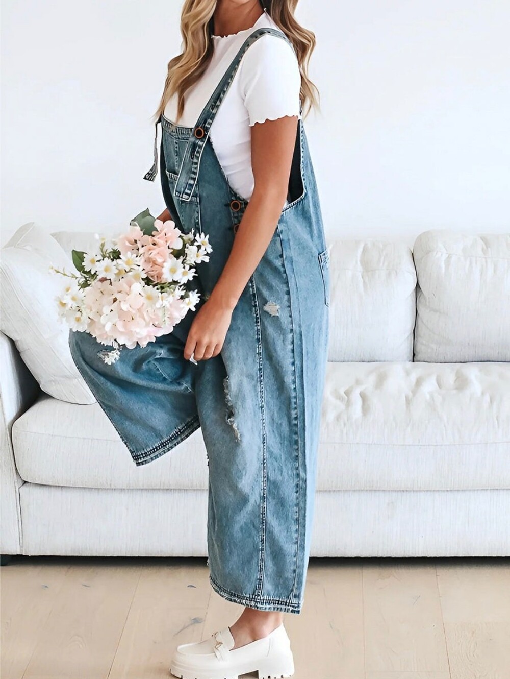 Light Blue Distressed Denim Women’s Overalls. Size Medium - Picture 3 of 13